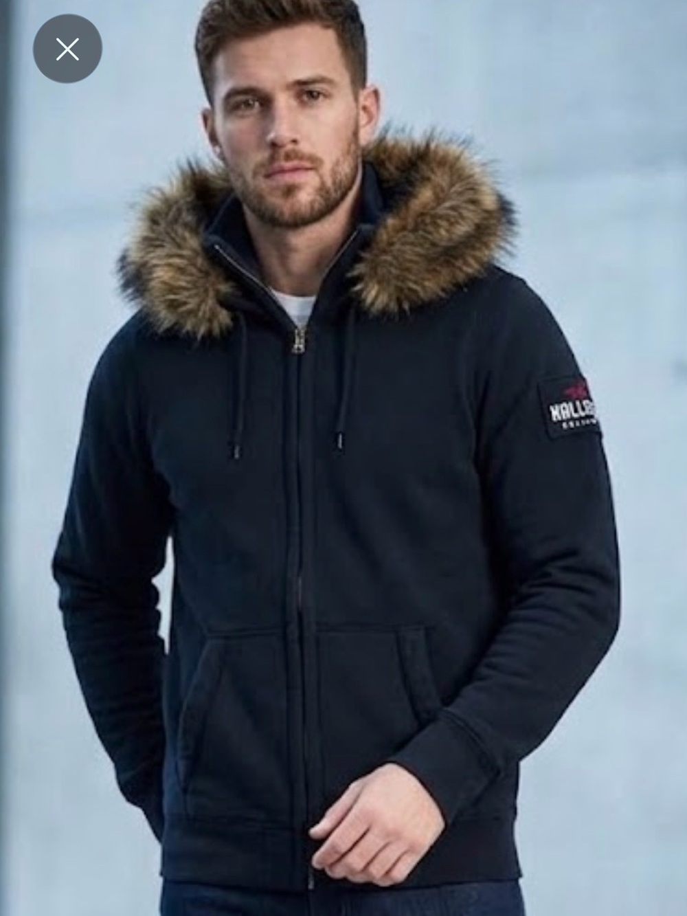 NWT Hollister Men's Dark Navy Hooded Zip Puffer with Faux Fur Trim A46